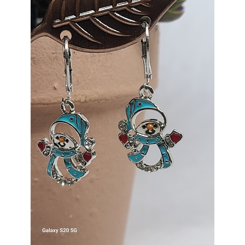 Snowman Enamel Drop Earrings Silver Tone Blue Winter Holiday Rhinestone Dangle